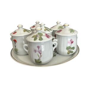 Louis Lourioux France Set of 6 Pots de Creme on Matching Plate